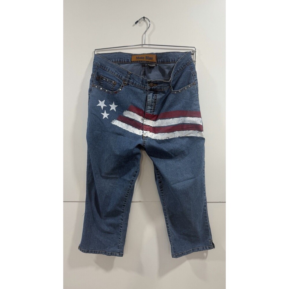 Moto Blue Graphic Jeans Size 17/18 Capris American Flag Womens